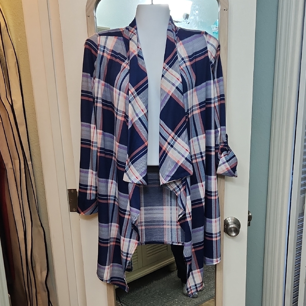 New York Laundry Navy and Pink Plaid Cardigan